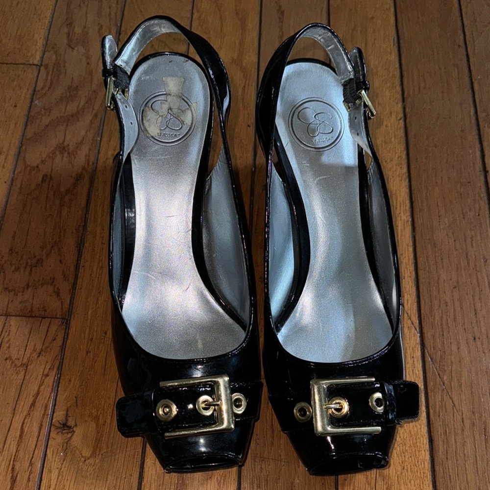 Jessica Simpson Black and Gold Slingback Heels
